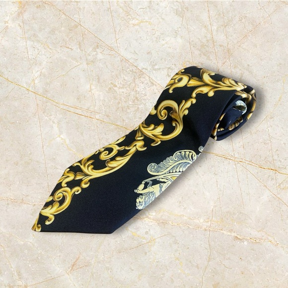 Hermes Mens Classic Width Gold Printed Silk Vintage Black Tie - Picture 1 of 7